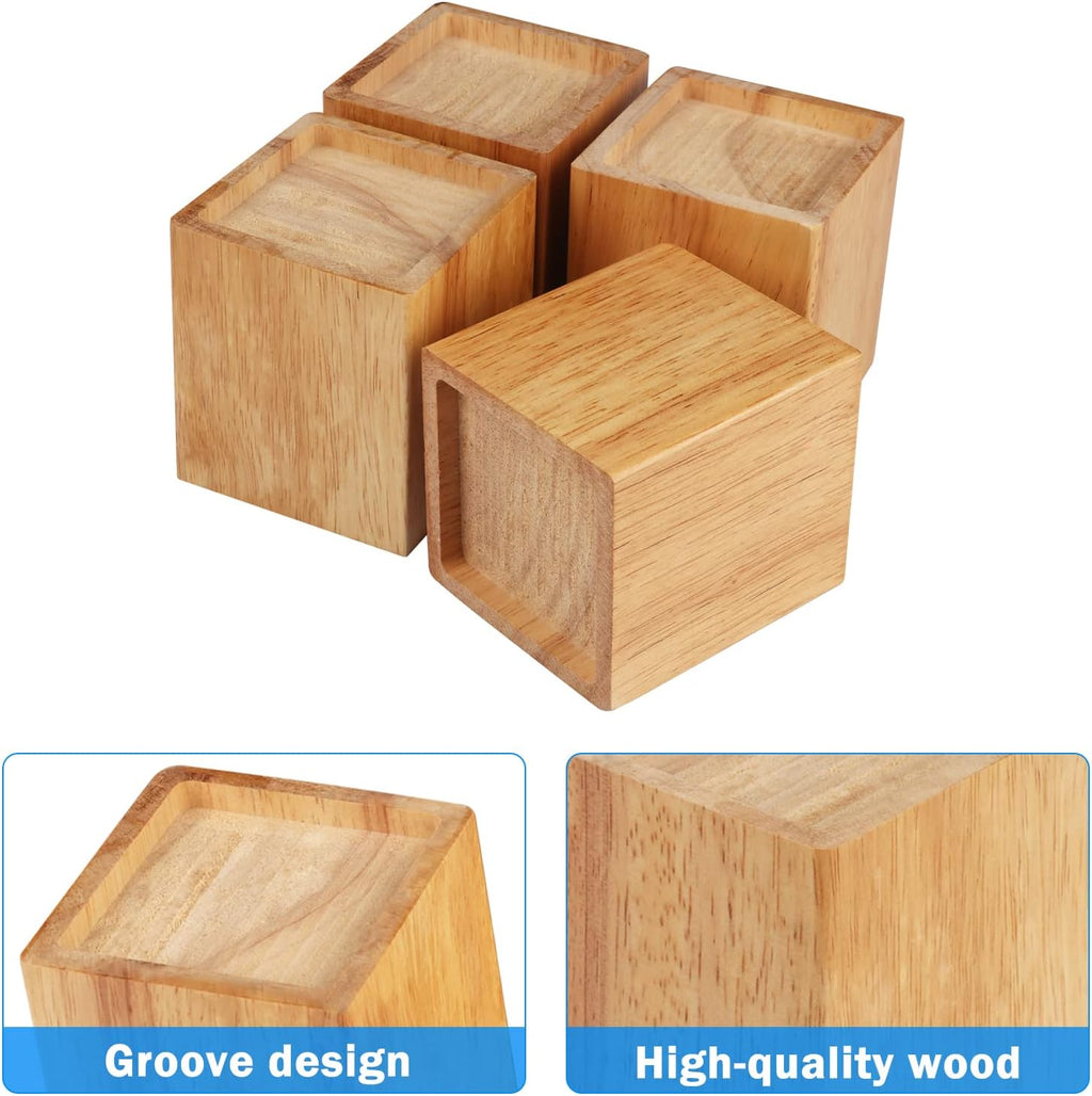 GNIEMCKIN Set of 4 Wood Bed Risers, 4 Inch High, Natural Wood Furniture Lifters, Heavy Duty Sofa risers for Sofa, Bed, Chair, Table