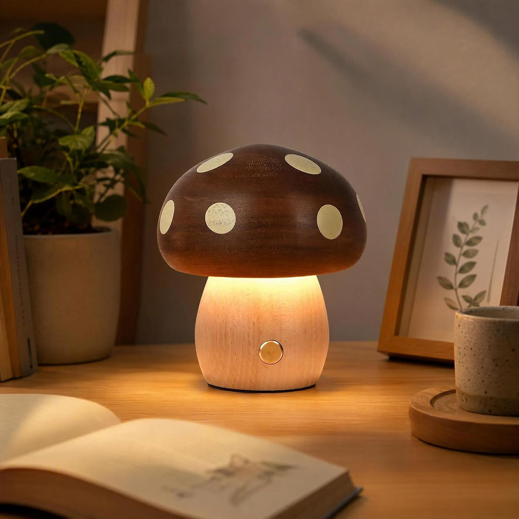 LONRISWAY 2Pack Wood Small Mushroom Table Lamp, LED Rechargeable Cordless Touch Bedside Lamps, Wireless Stepless Dimming Night Light, Portable Battery Lamp for Bedroom Nightstand for Birthday Gifts