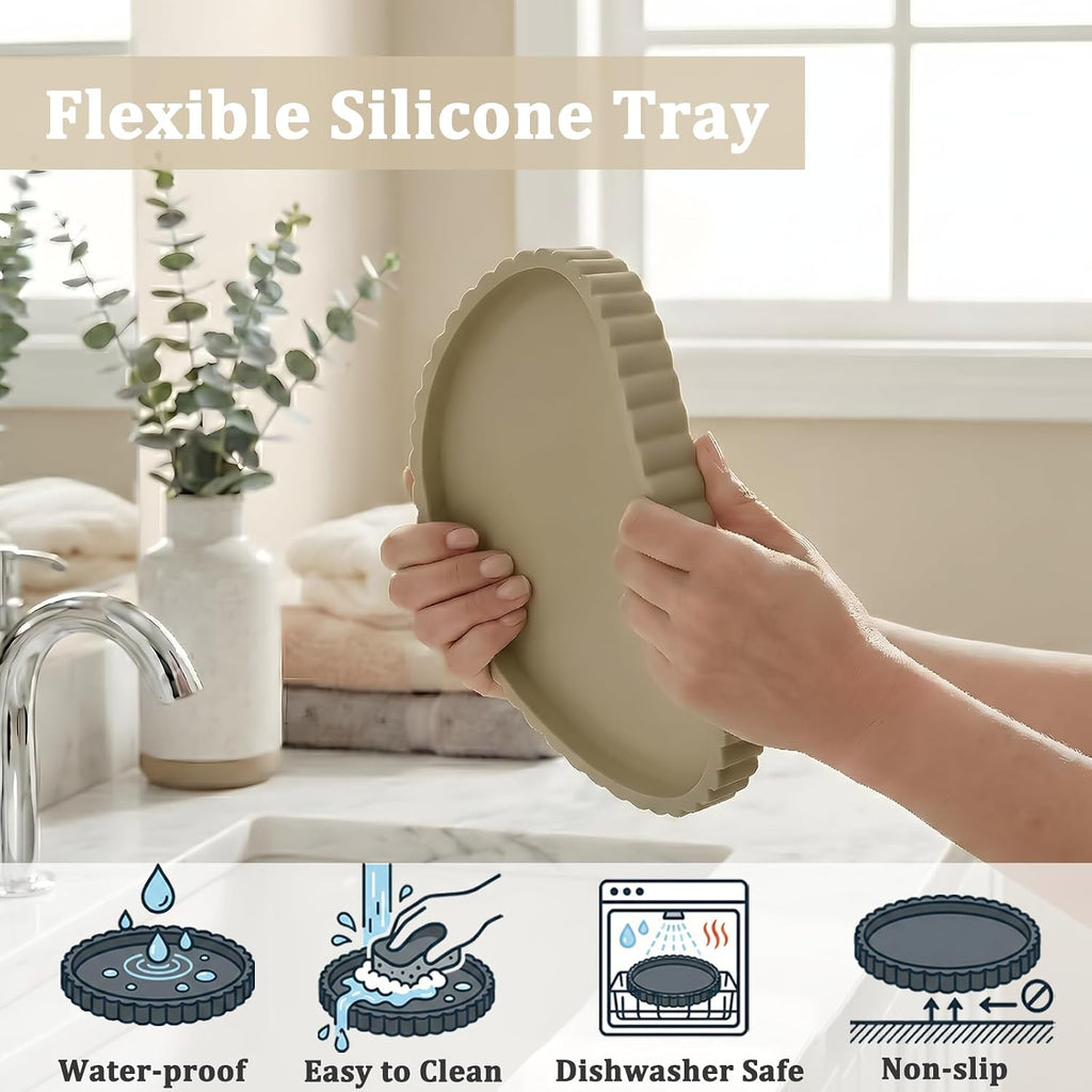 Silicone Bathroom Vanity Tray, Modern Round Decorative Tray for Countertop, Waterproof & Unbreakable Cosmetic Perfume Organizer, Extra-Thick & Sturdy, Easy to Clean Candle Tray (Khaki, 10 inch)