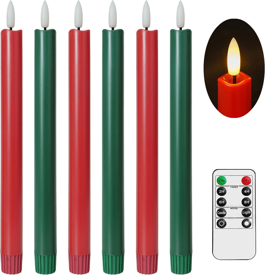 Stmarry Green and Red Flameless Taper Candles with Remote Control - 10 Inch LED Candlesticks Battery Operated, Realistic 3D Flame with Wick, Timer, 6 Pack Holiday Candles Christmas Decor