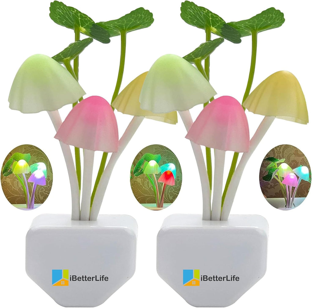iBetterLife Sensor Mushroom Night Light - 2 Pack Color Changing Plug in Wall LED Mushroom Nightlight with Dusk to Dawn Sensor Auto On/Off Cottage Core Decor Lamp, Super Power Saving