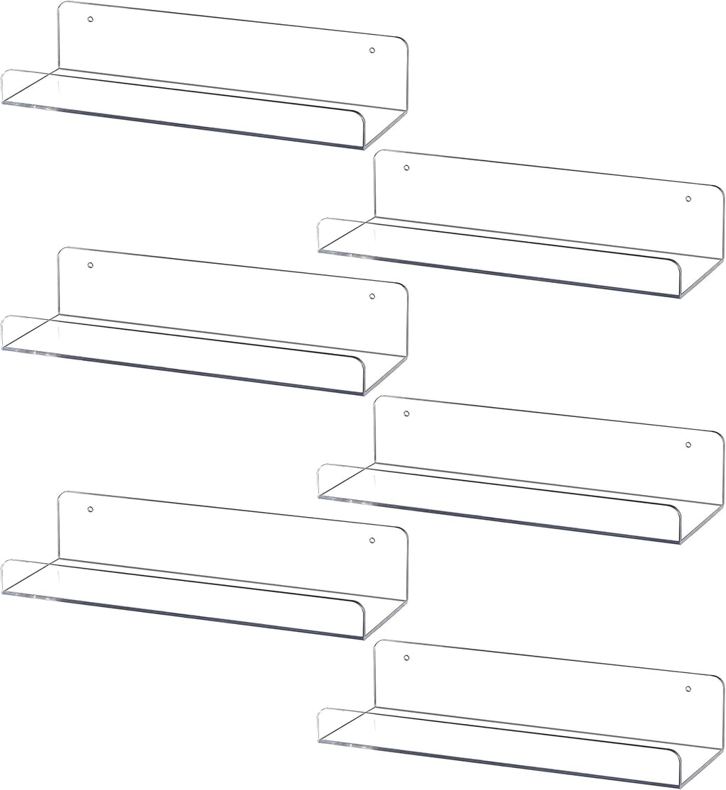 Sooyee 6 Pack Floating Shelves,15 Inch Acrylic Shelves Floating Bookshelf,Funko Pop Display Shelf, Invisible Picture Ledge Wall Mounted Shelves,Clear Shelves