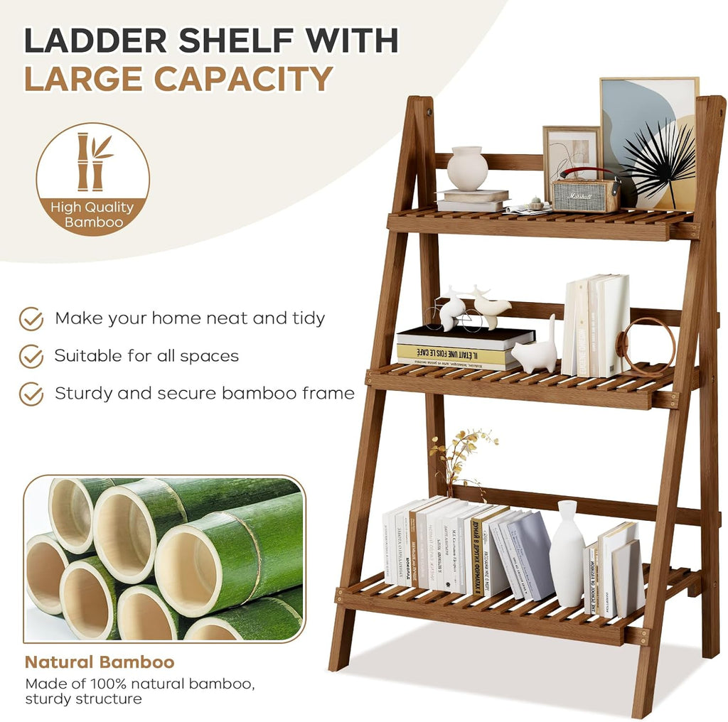 Ladder Shelf, Foldable Plant Shelf Stand, 3-Tier Bamboo Bookshelf, 39.4In