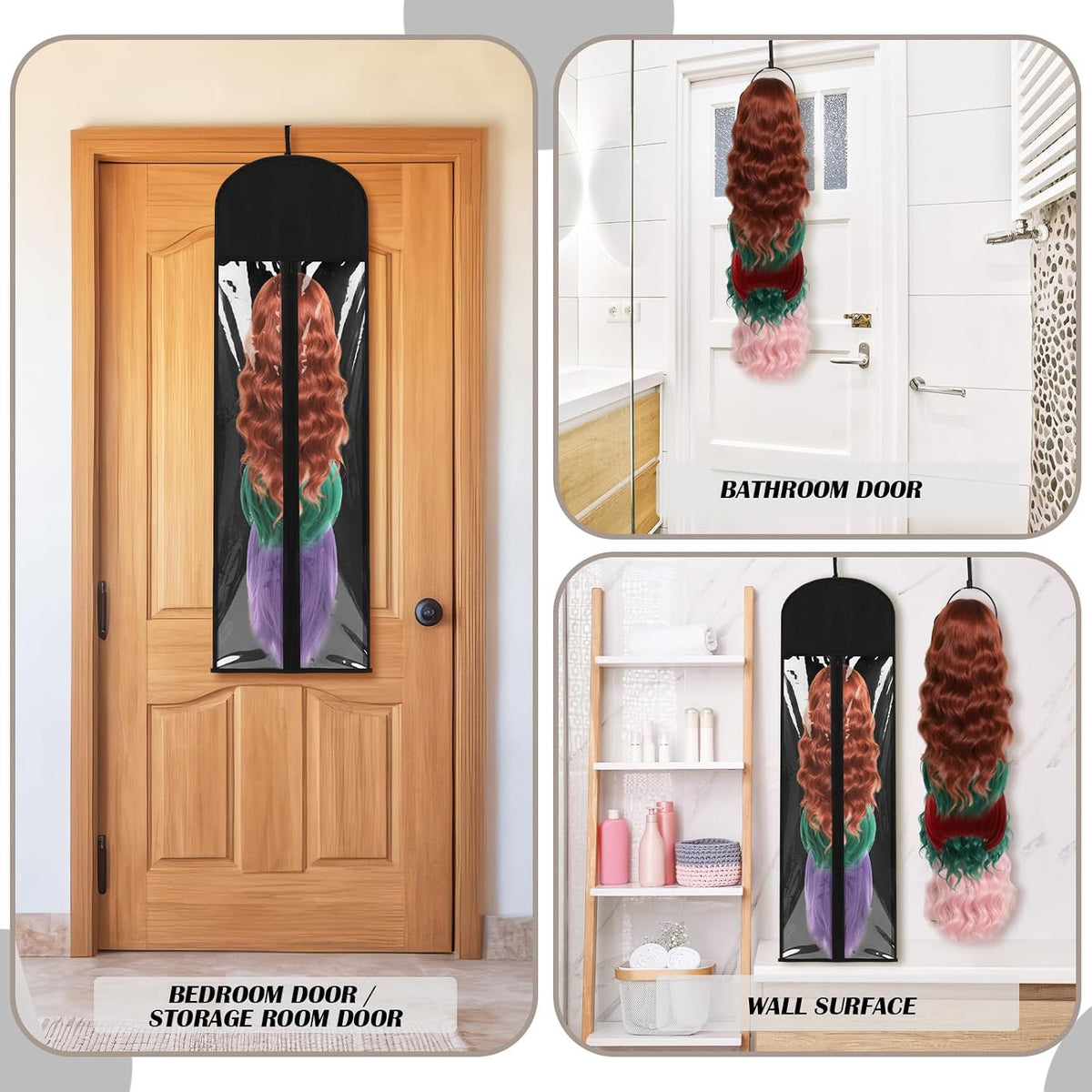 10 Pcs Wig Hangers Rack for Multiple Wigs, Dust-proof Storage Bag, Black