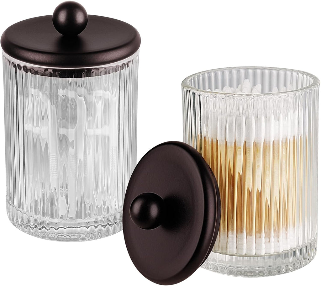 3 Pack Glass Qtip Holder Dispenser Set with Matte Brown Metal Lid