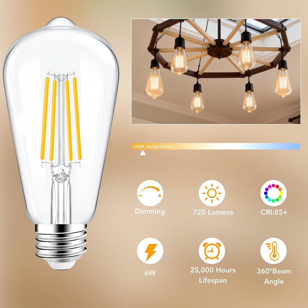 PARTPHONER ST58 E26 LED Light Bulbs, 6W Dimmable Amber Warm 2200K 4 Pack