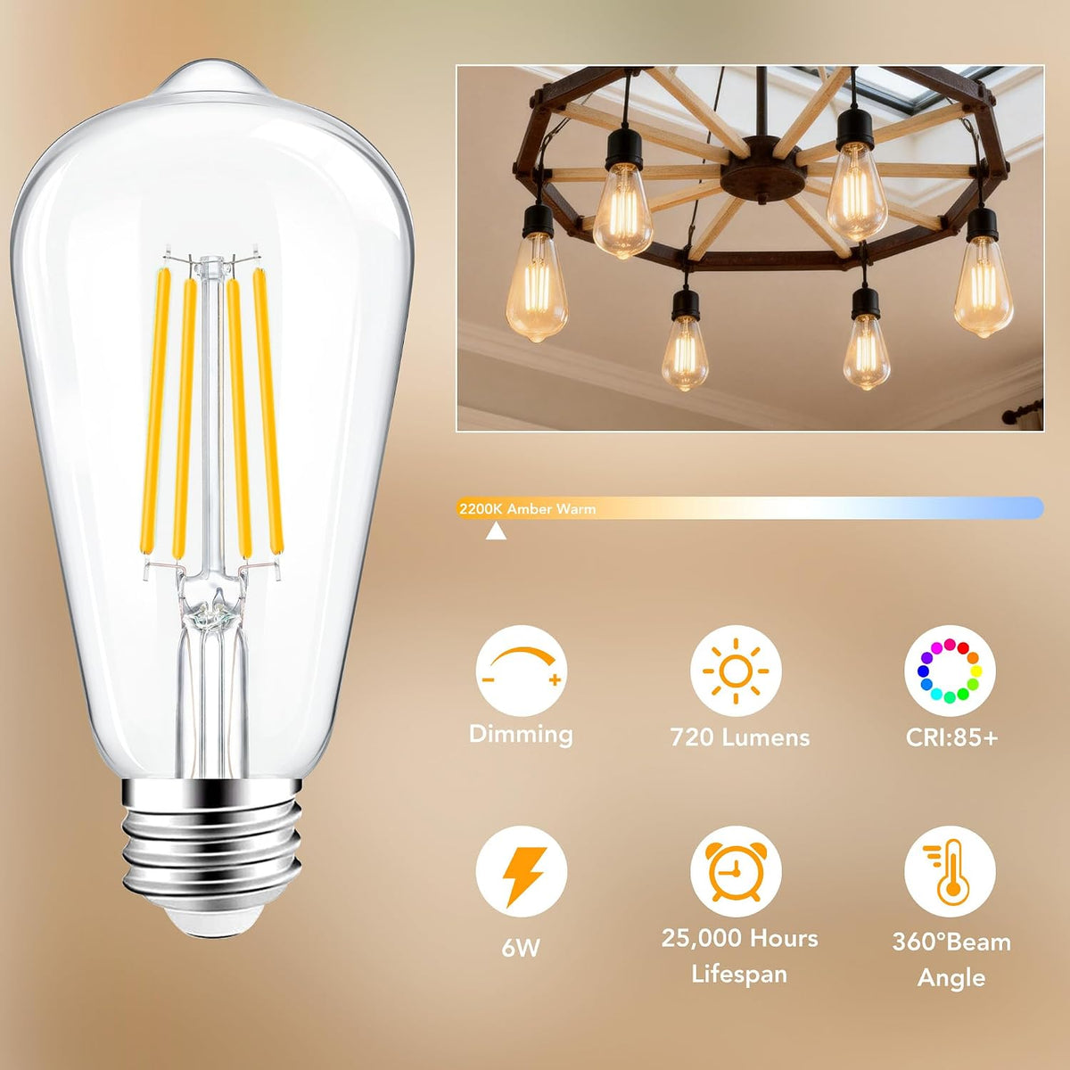 PARTPHONER ST58 E26 LED Light Bulbs, 6W Dimmable Amber Warm 2200K 4 Pack