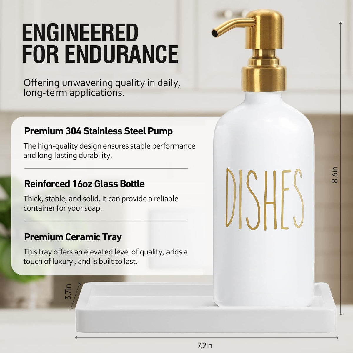 MOMEEMO Soap Dispenser Set with Ceramic Tray, Gold