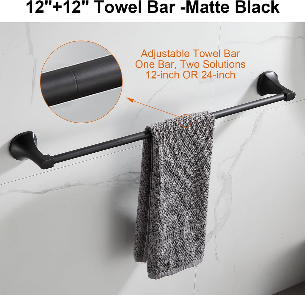 BGL Bathroom Hardware Set Matte Black Adjustable Expandable Towel Bar 4-Piece Bathroom Accessory Set Wall Mounted Robe Hook Toilet Paper Holder Towel Ring Towel Bar