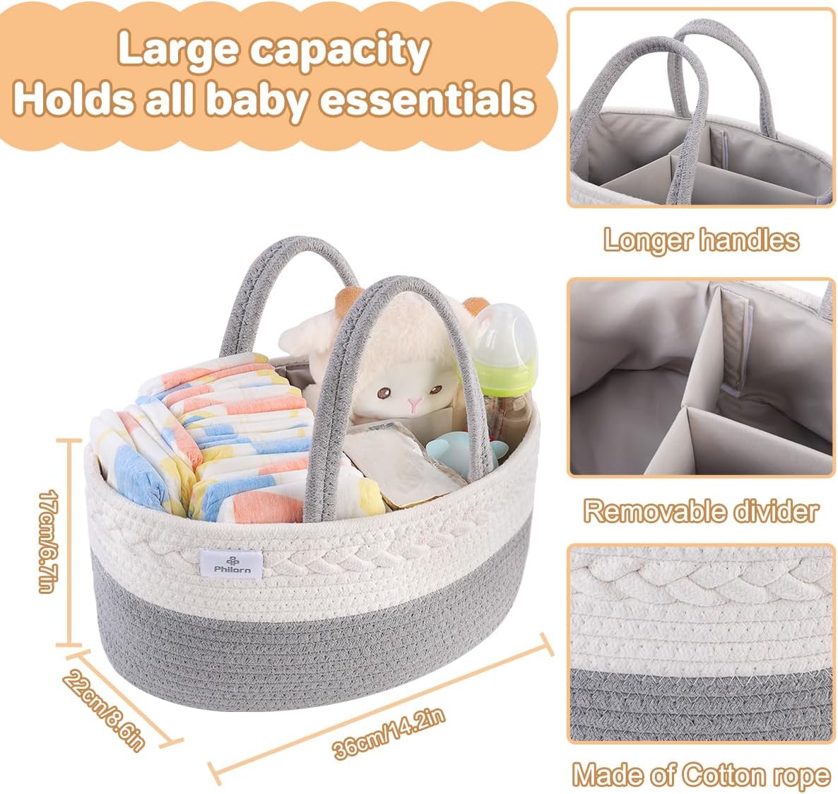 PHILORN Diaper Caddy Organizer, Cotton Rope Diaper Caddy Basket