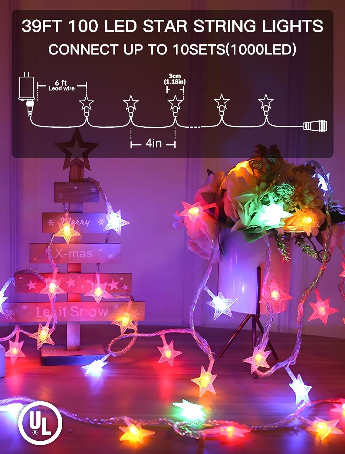 39FT 100 LED Multicolor Star String Lights Plug in
