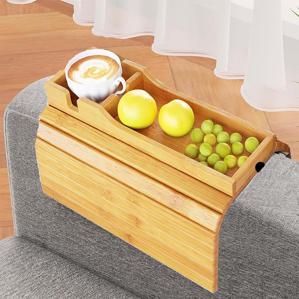 Bamboo Sofa Armrest Tray Table - Foldable Couch Cup Holder,Anti-Slip Side Table Armrest Clip Tray, Multifunctional Couch Organizer, Drink Snack Remote Control Holder