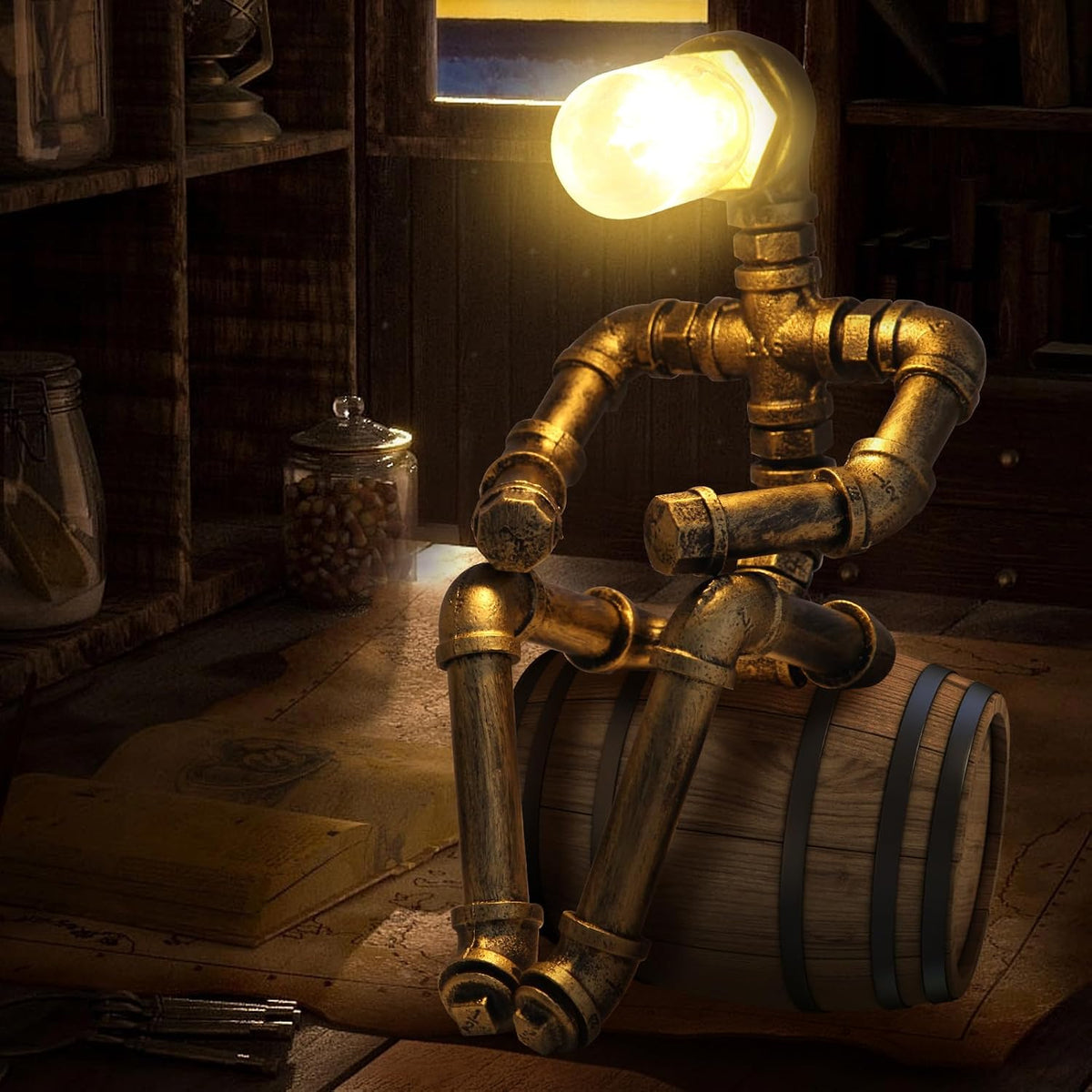 Steampunk Decor Table Lamp for Men Unique Creative Robot Style Desk Lamp,Vintage Industrial Metal Pipe Water Pipe Light, Home Decor Ideal for Bedrooms,Study. (Bronze B)