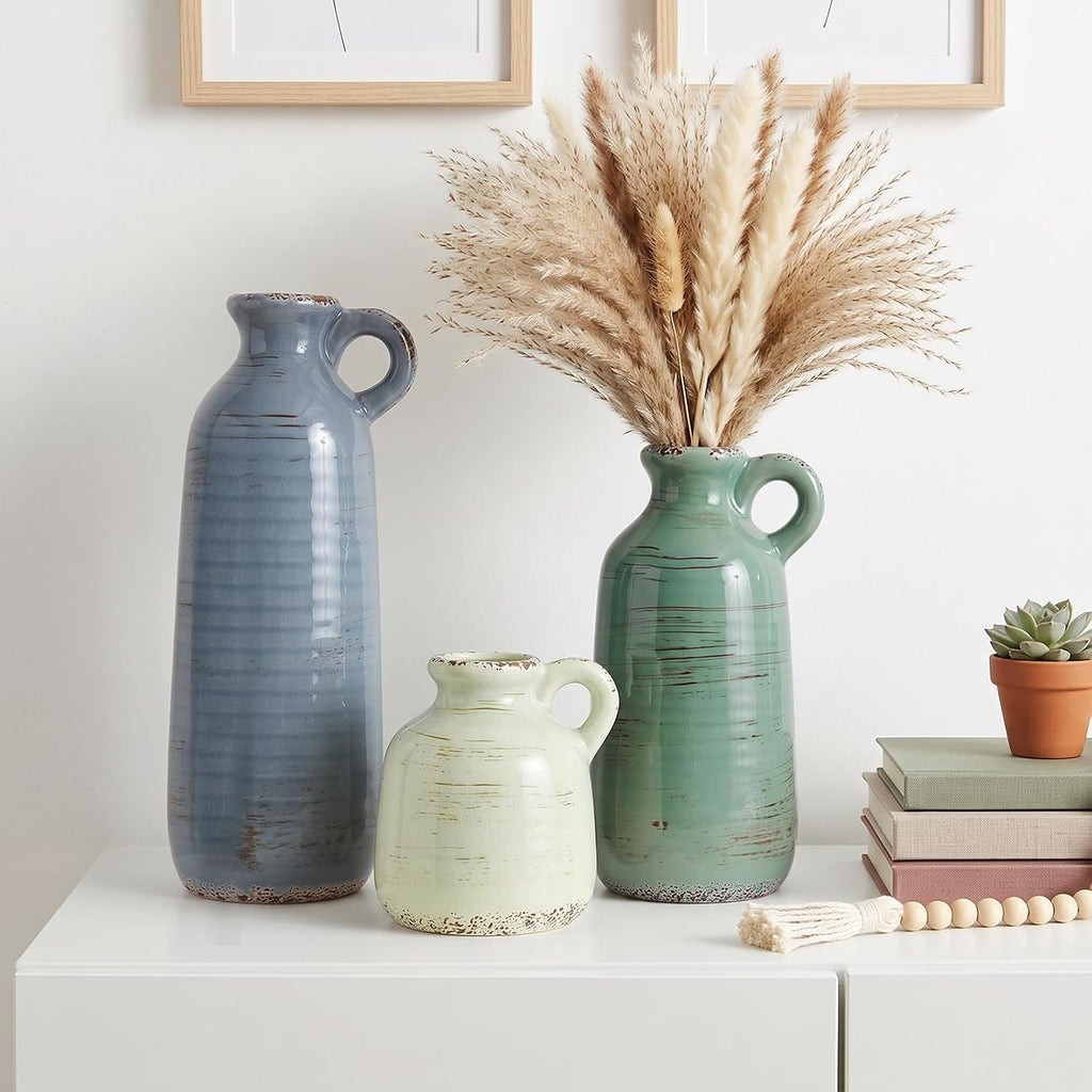 Ceramic Vase Set of 3, Vase Home Decor with Handle, Waterproof Vases