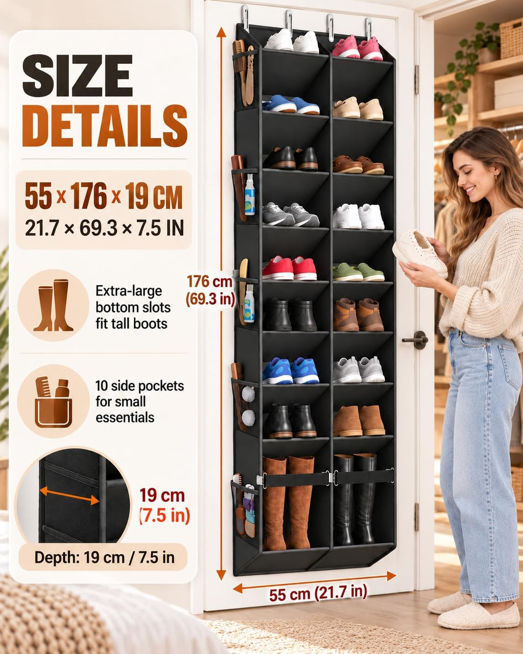 Over the Door Shoe Organizer with Oversized Boot Pocket, Hanging Storage