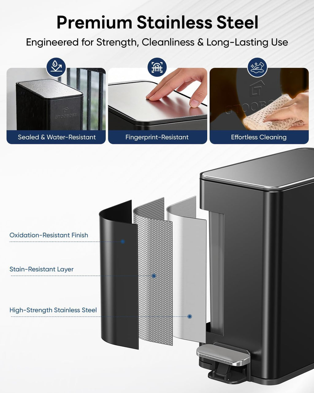 10L/2.6G Slim Bathroom Trash Can, Narrow Stainless Steel Soft-Close Step Pedal Bin with Lid, Odor Control Carbon Box, Removable Inner Bucket, Small Waste Bin for Bedroom, Office, RV (Black)