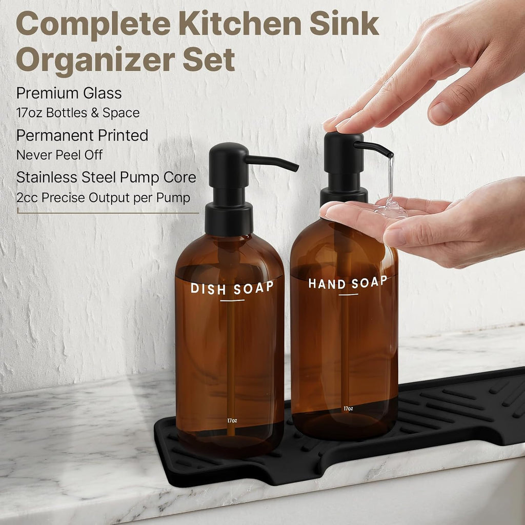 Kitchen Soap Dispenser Set with Self Draining Silicone Tray, Brush, Sponge