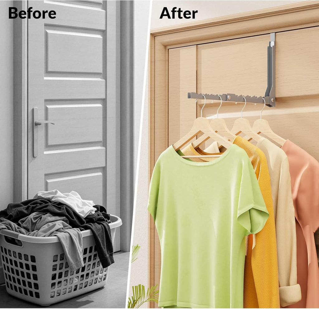 Over The Door Folding Clothes Hanger Rack, Collapsible Door Organizer with 10 Slots, Space Saving Hanger Holder for Laundry Room, Bedroom, Bathroom, Closet, Dorm, Fits Doors Up to 1.8 Inch