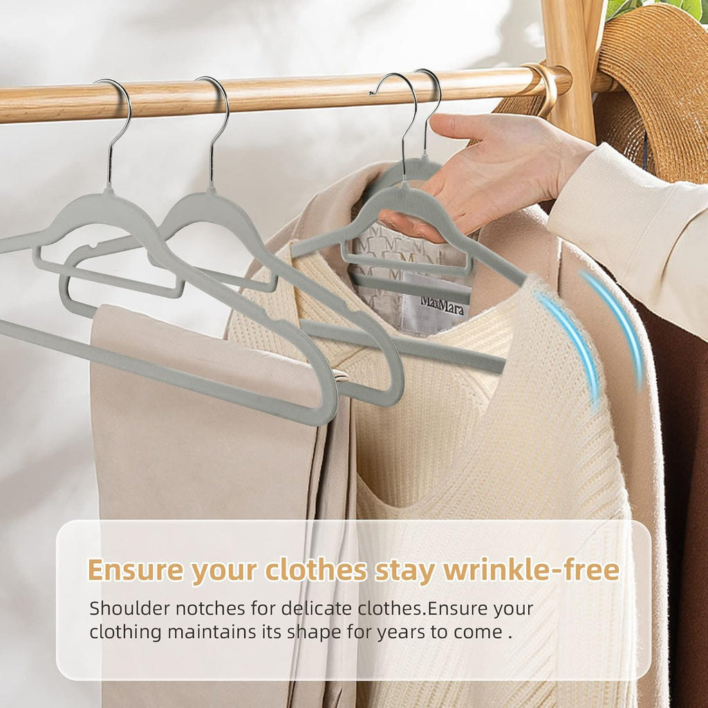 20 Pack of Grey Velvet Non-Slip Suit Hangers with 360°Swivel Hook - Heavy Duty, Space Saving, and Perfect for Adult Clothing.