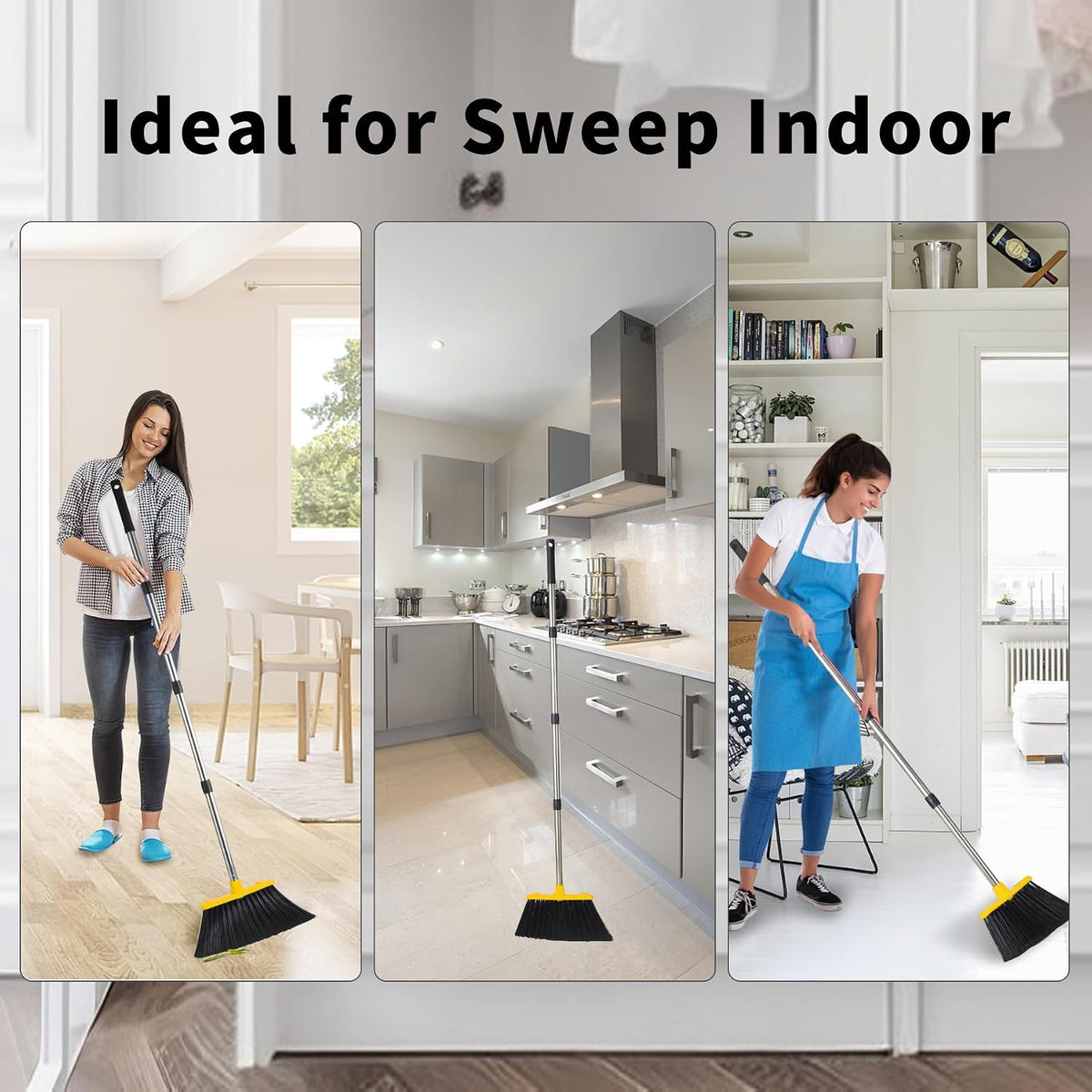 Broom and Dustpan Set for Home, 51" Long Handle Standing Pan Black Yellow