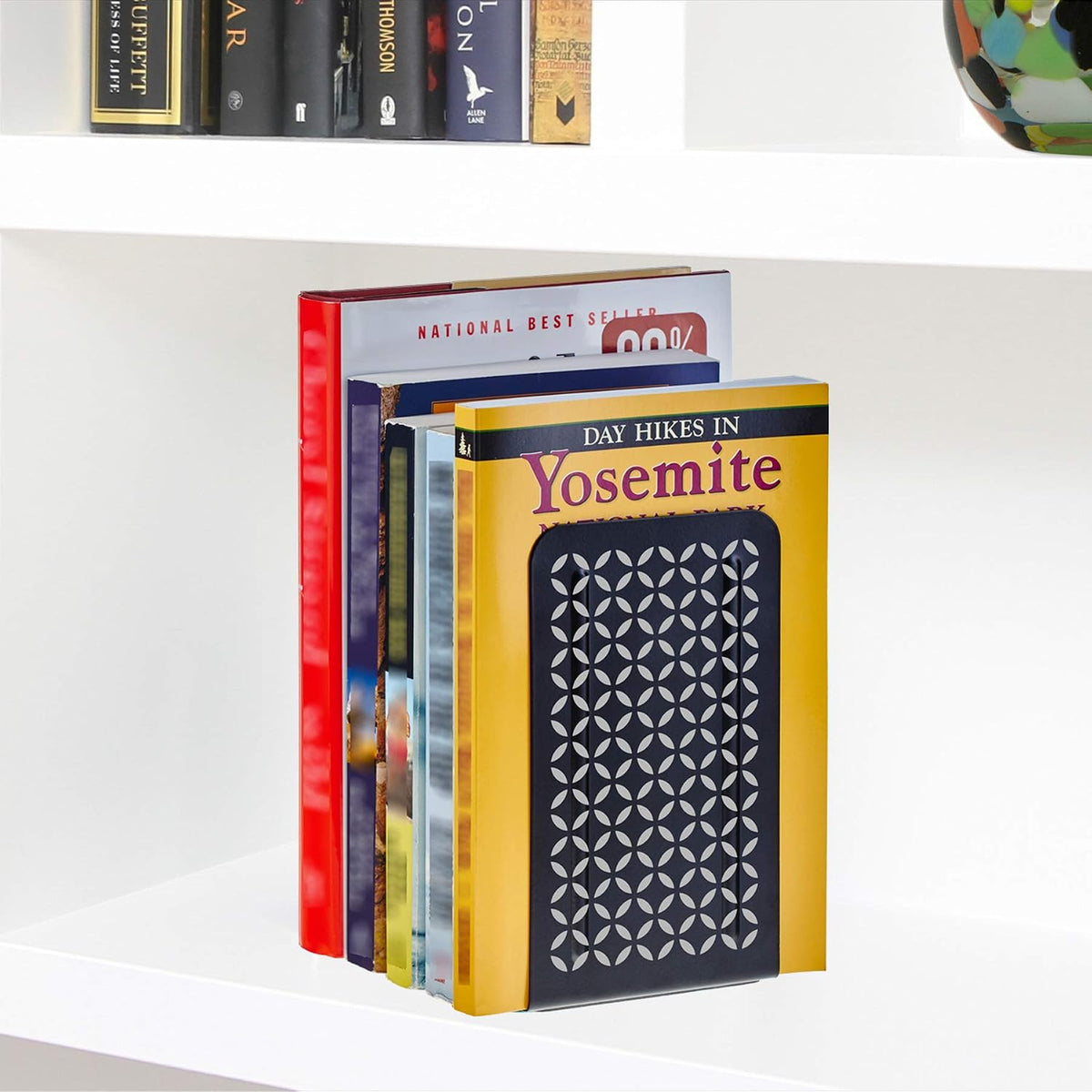 Acrimet Bookends for Shelves, Non-Skid Book Holder, Heavy Duty Steel Metal Book Ends for Home, Library, 6 7/8" H x 4" W x 4 1/2" D (Black Bookends with Silver Design) (1 Pair / 2 Pieces)