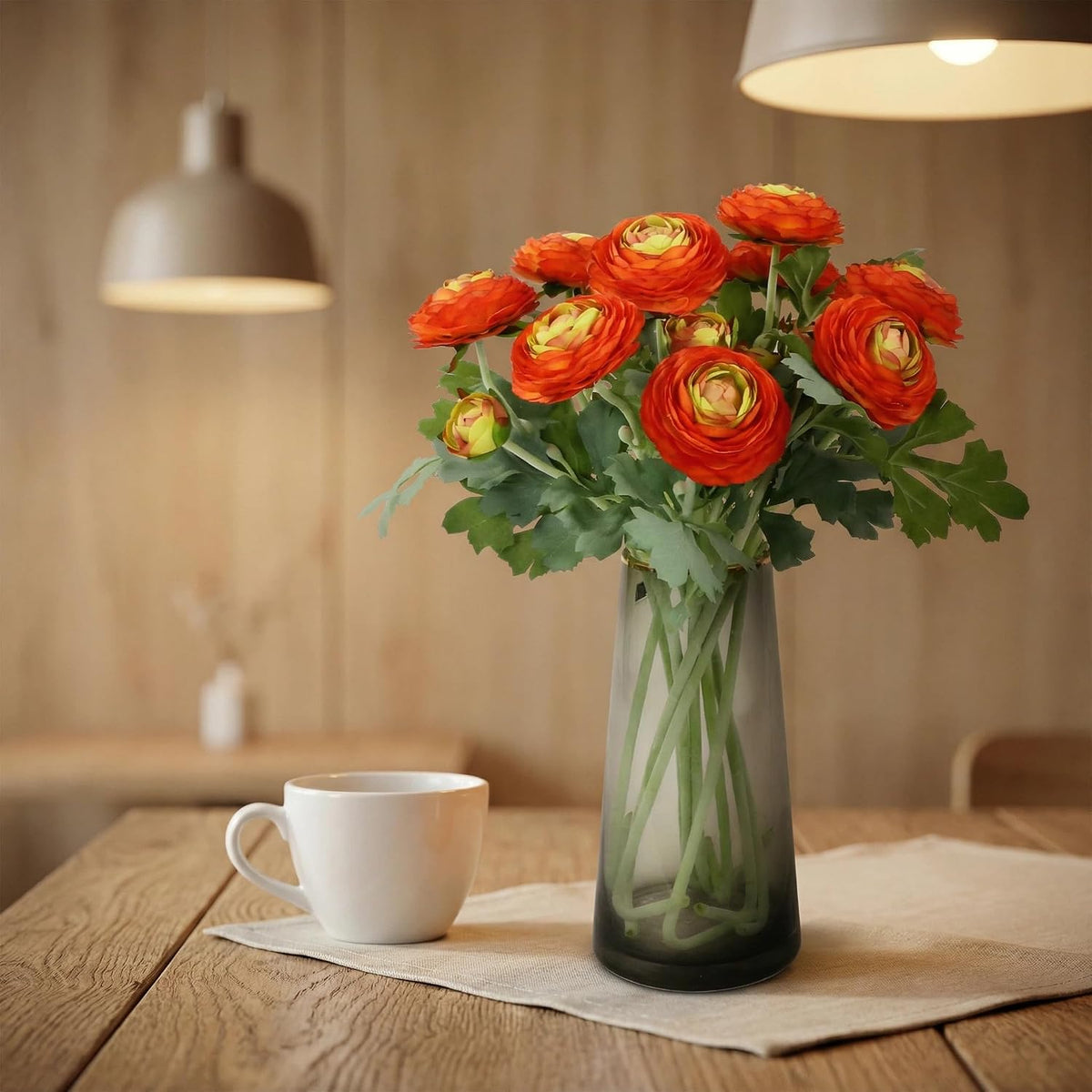 Orange Artificial Ranunculus Flowers with Real Touch Stem, Autumn Colour Ranunculus Flowers(10 Pack) (Orange)