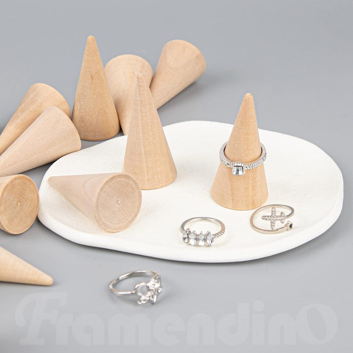 Framendino, 20 Pack Wood Cone Ring Display Stand Holder, Natural Unfinished Jewelry Stands Organizer for Crafts DIY