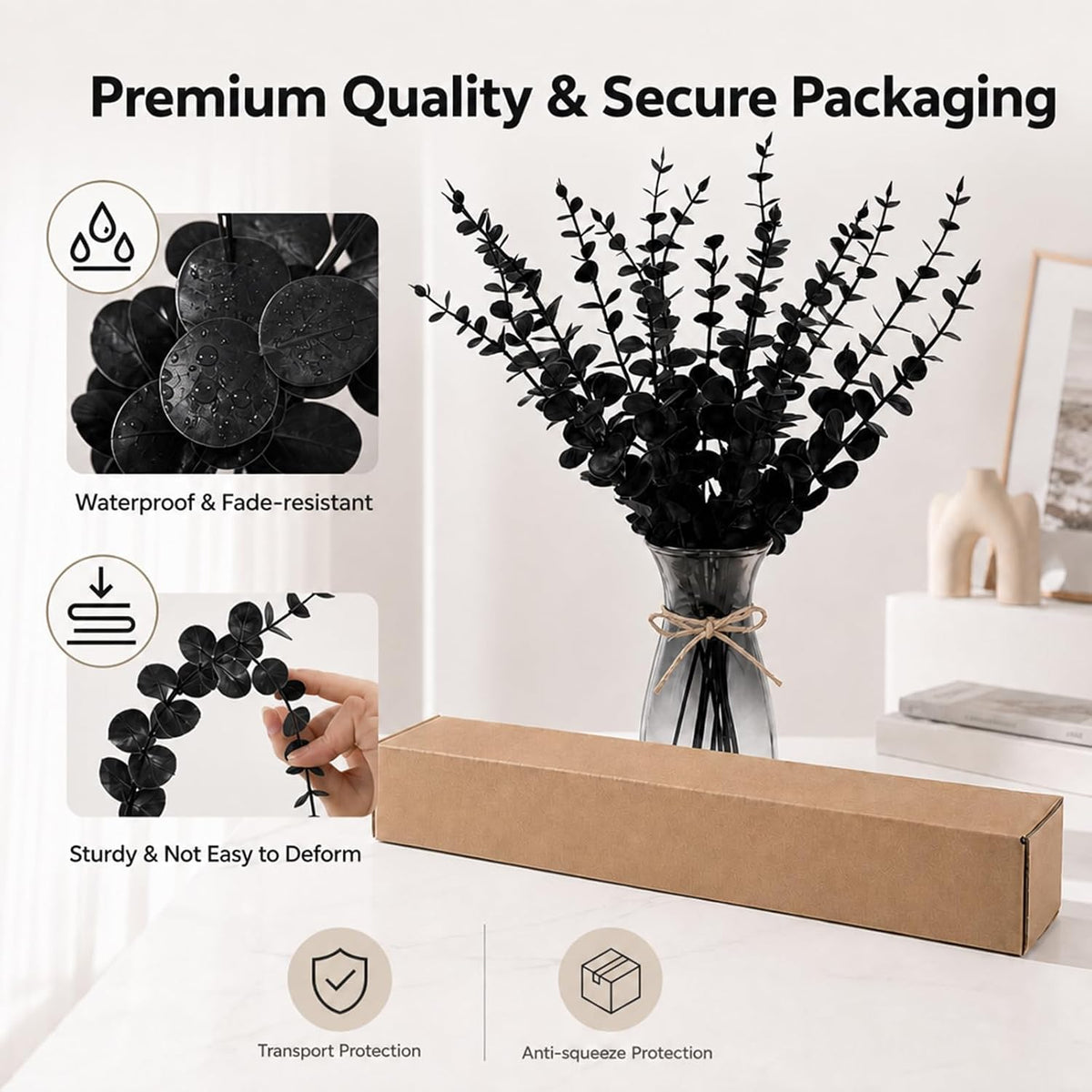 18 Pcs Artificial Eucalyptus Stems Black Leaves Fake Greenery Branches Faux Flowers Bouquet for Home Decor Wedding Centerpiece Table Decoration