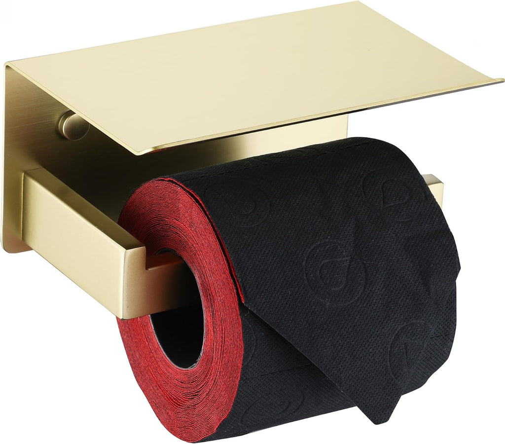 LANC Gold Toilet Paper Holder with Shelf, Toilet Paper Roll Holder with Phone Shelf for Bathroom Wall Mounted, 304 Stainless Steel Toilet Tissue Holder, Brushed Gold, A8367BG