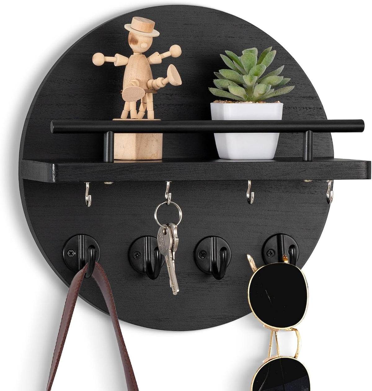 10.2" Key Holder Wall Mount with Shelf & Mail Organizer, 8 Hooks Black