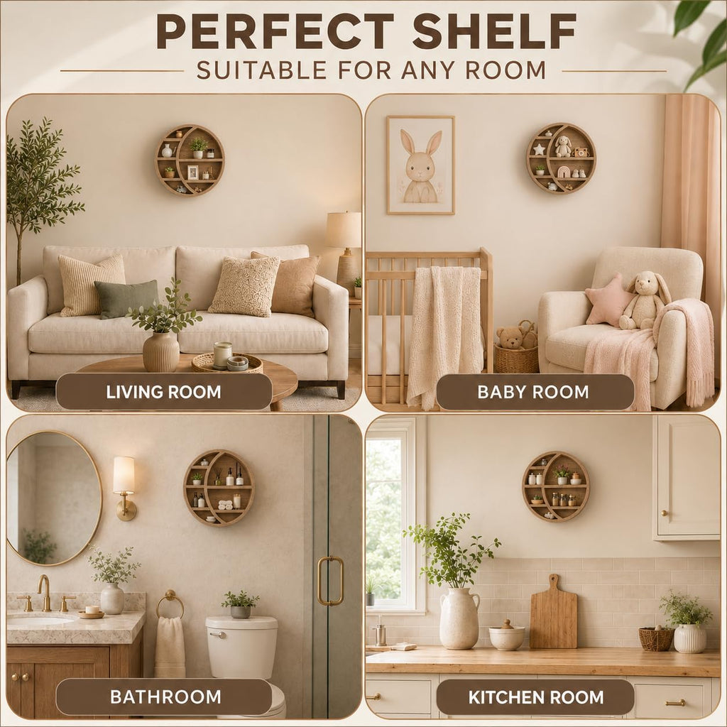 Wooden Crescent Moon Shelf Wall Decor — Aesthetic Floating Crystal Display Holder & Hanging Wall Organizer for Bedroom, Dorm & Spiritual Room Decor | 14"x14"x3.5" | (Light Brown)