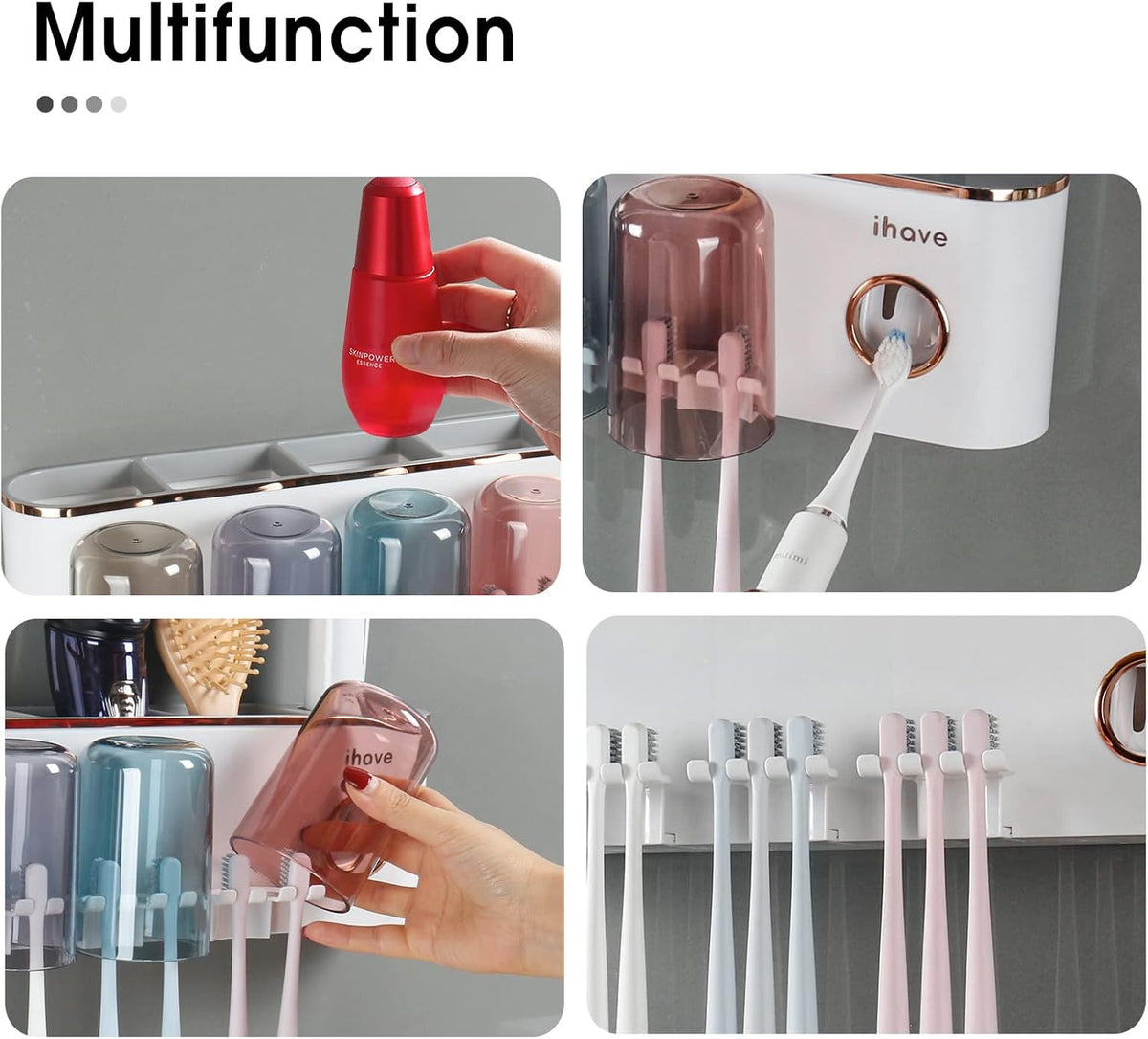 iHave Toothbrush Holders for Bathrooms Wall Mounted with Dispenser & 4 Cups