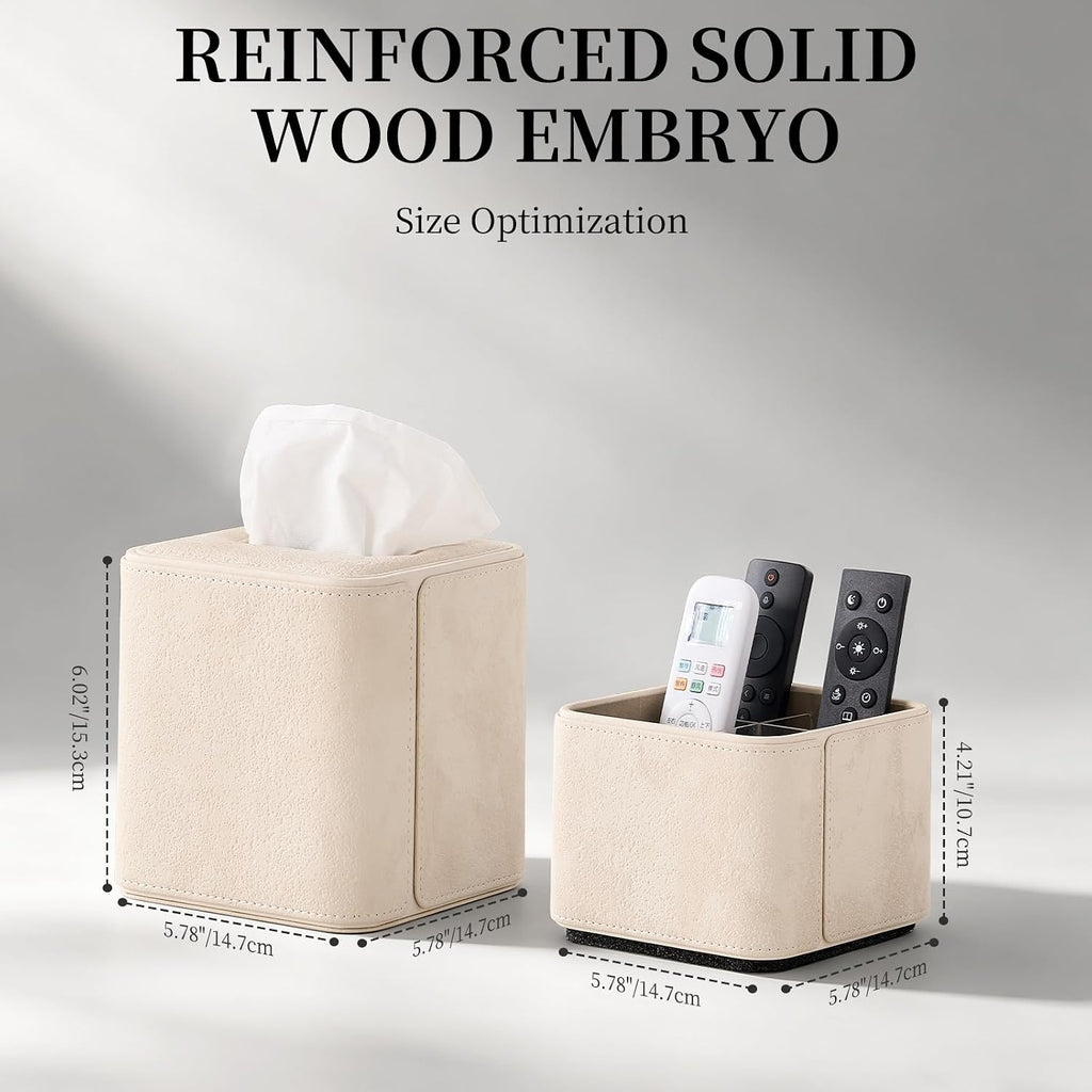 360° Rotating TV Remote Control Holder & Desk Organizer, Travertine-Look PU Leather, 0.421kg Wood Core, Removable Acrylic Divider (Off White)