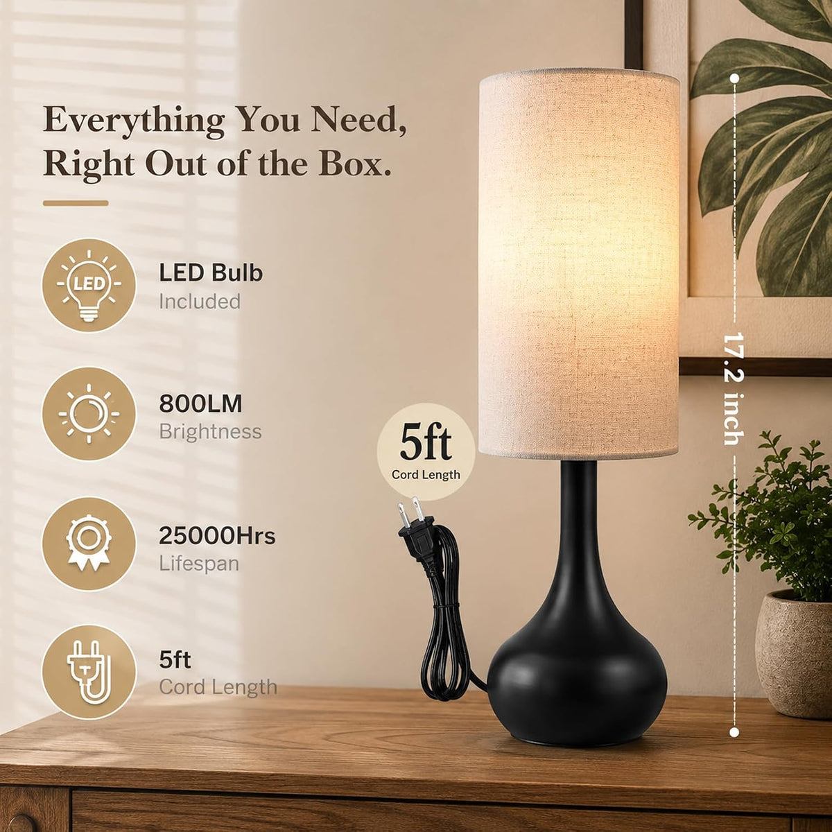 17" Skinny Touch Lamp for Nightstand,3-Way Dimmable Bedside Lamp