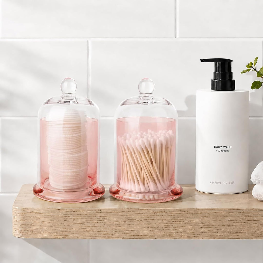 rejomiik Qtip Holder Glass Apothecary Jars with Lids Bathroom Storage Pink