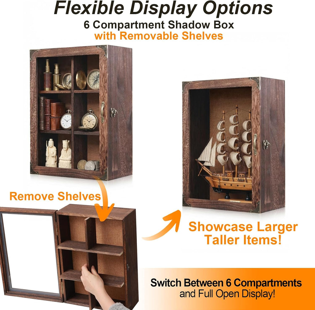 Shadow Box Frame 12x16, 4.7" Overall Depth, Display Case with Removable Shelves & 6 Compartments, Large Memory Box for Photos, Keepsakes, Wedding, Collectibles