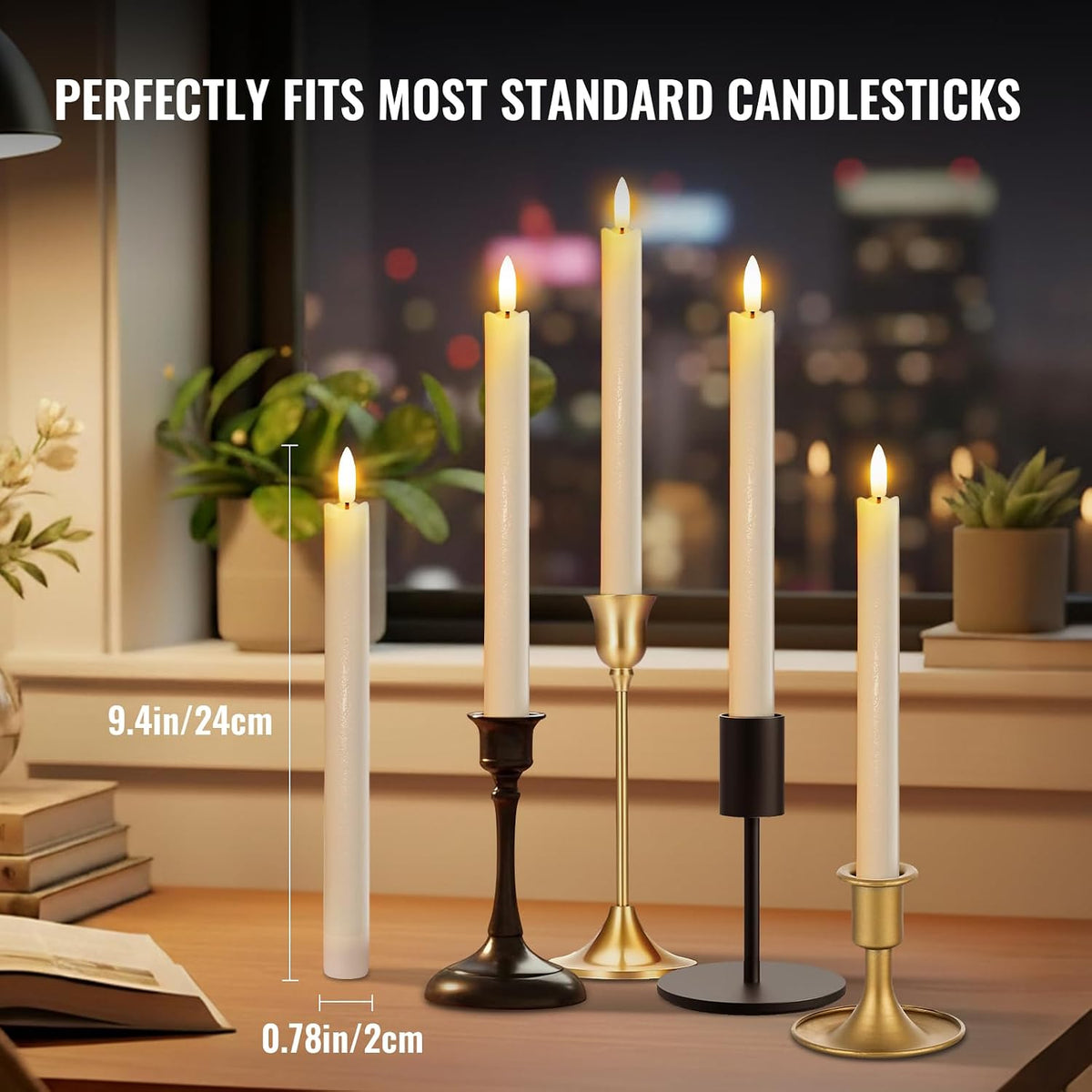 Rechargeable Flameless Taper Candles with Remote & Charging Base, 6 Pack