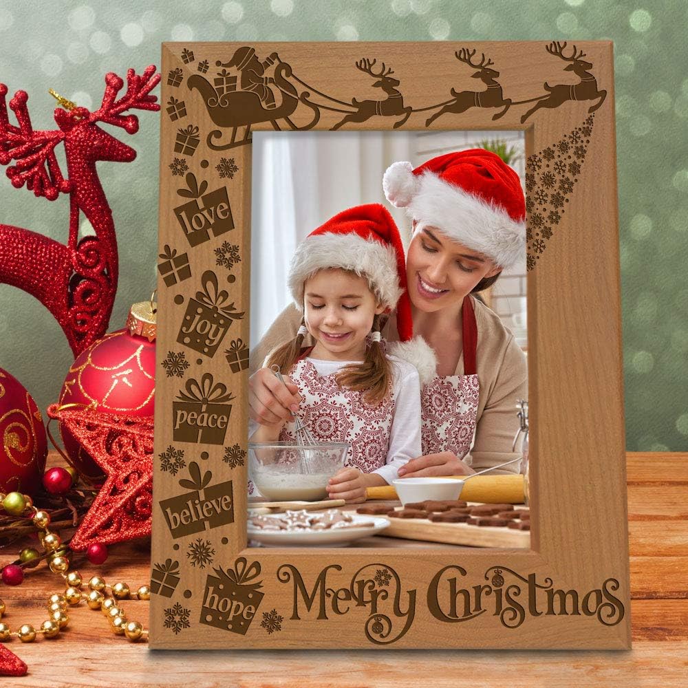 KATE POSH Merry Christmas Love Peace Joy Believe Hope, The Magic of Christmas Family Picture Frame. Santa, Reindeer and Sleigh Decor. Engraved Natural Wood Photo Frame (5x7-Vertical)