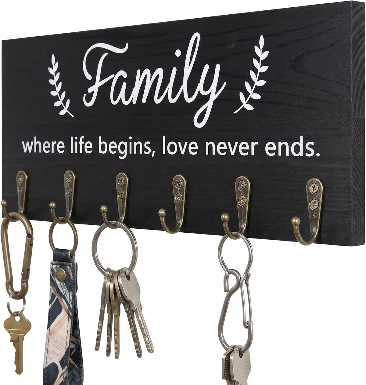 AHYS Key Holder Wall Mount Wooden Key Hanger with 6 Metal Hooks Rustic Family Wall Decor for Farmhouse Home Entryway Hallway Living Room Office Decorations - Black