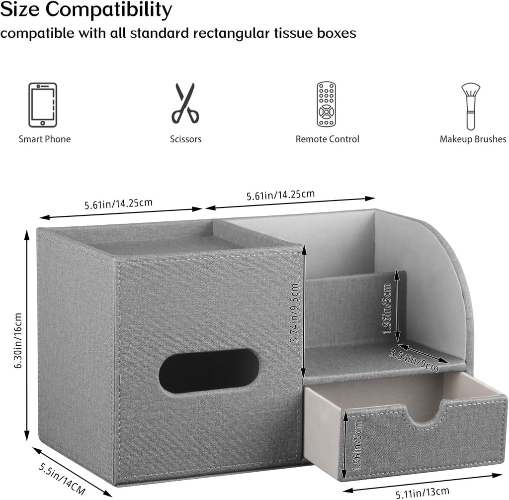 PU Leather Tissue Box Cover Square with Drawer Storage and Tray on Top