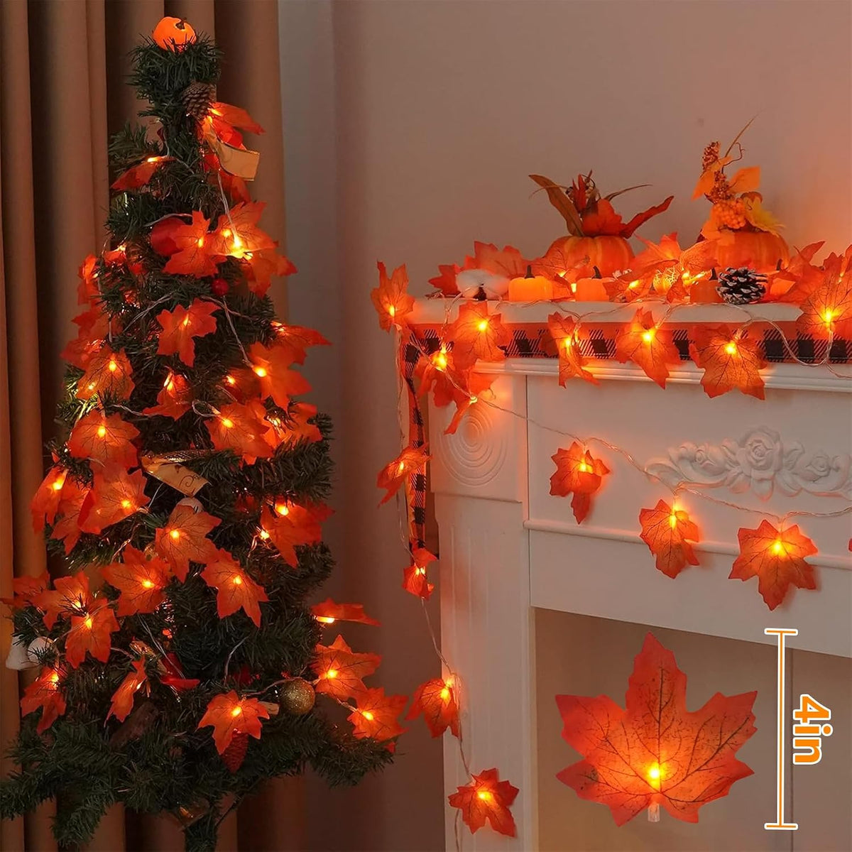 YEGUO 4 Packs Thanksgiving Decorations for Home, Fall Lights Battery Operated, Total 40ft 80 LED Lighted Fall Garland Maple Leaves for Thanksgiving Decor