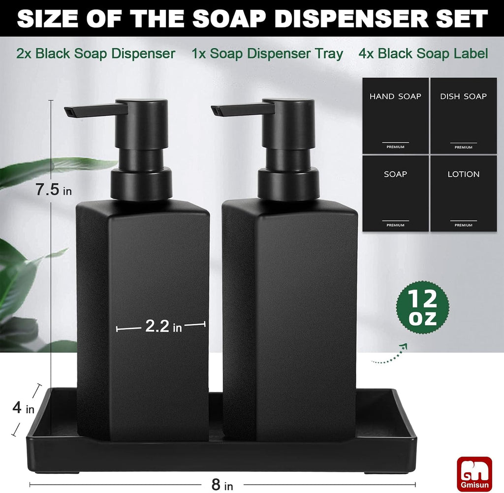 GMISUN Kitchen Soap Dispenser Set, Hand and Dish Soap Dispensers, 12 fl oz/350 ml Black Soap Dispenser with Tray, Glass Dish Dispenser for Kitchen, Liquid Hand Soap and Lotion Bottle Set for Bathroom