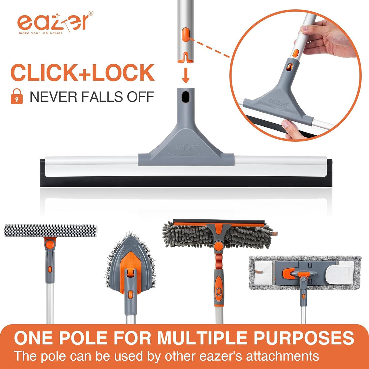 Eazer Floor Squeegee for Floor: Heavy Duty Scrubber with Extendable 60'' Aluminum Pole and Rubber Blade for Kitchen, Swimming Pool, Concrete Floors,Shower,Tiles,Garages,Windows,Glass,Pet Hair Removal