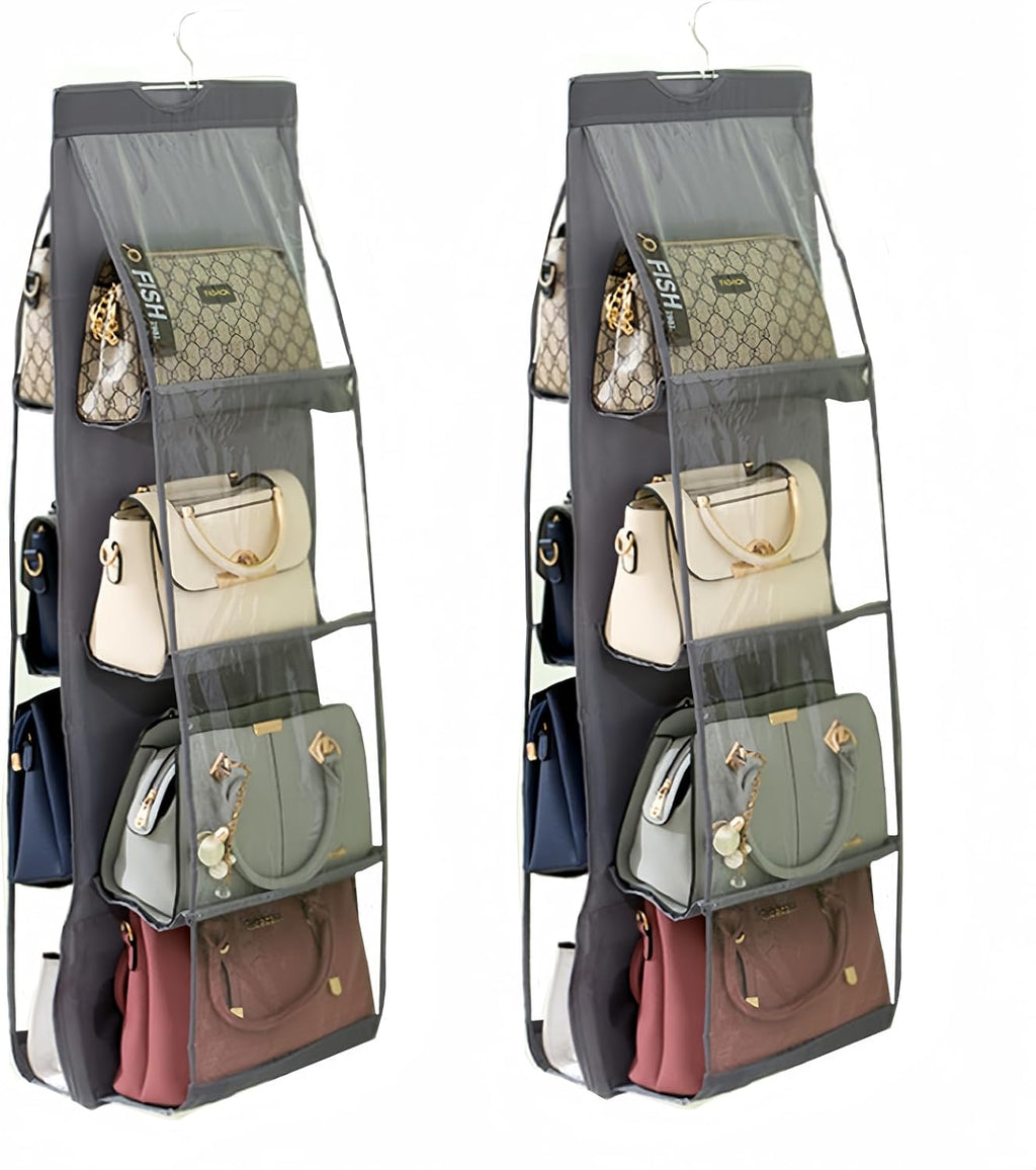 HAN SHENG 8-Pocket Clear Hanging Purse Organizer for Closet, Grey, 2 Pack