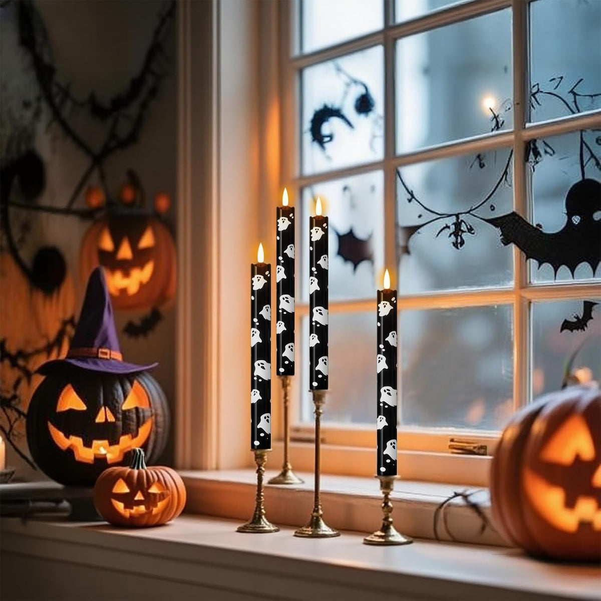 Eldnacele Halloween Ghost Decal Flameless Taper Candles with Remote Timer
