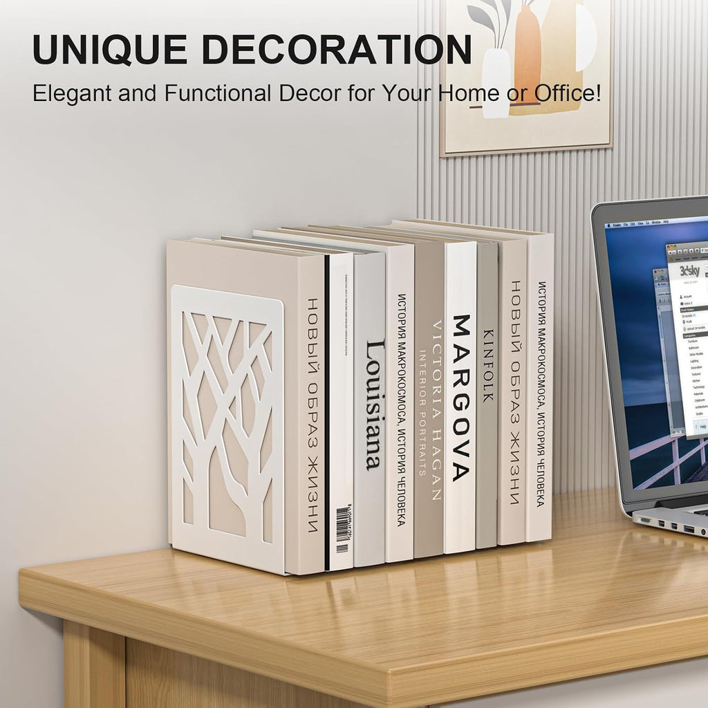 White Bookends 4 Pieces, Tree Design Modern Metal Bookends for Shelves, Unique Tree Book Ends Decorative Book Organizer for Desk, Decorative Shelve Book Stopper for Home Office