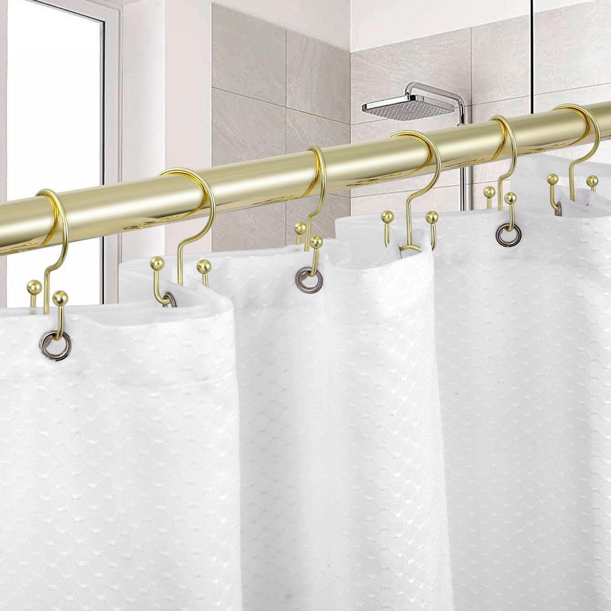 TOPROD 12 Pack Shower Curtain Hooks Rings, Double Sided Shower Hooks for Shower Curtain, Stainless Steel Shower Rings Rust Proof for Bathroom Shower Curtain Rod Curtains, Free Gliding, Gold
