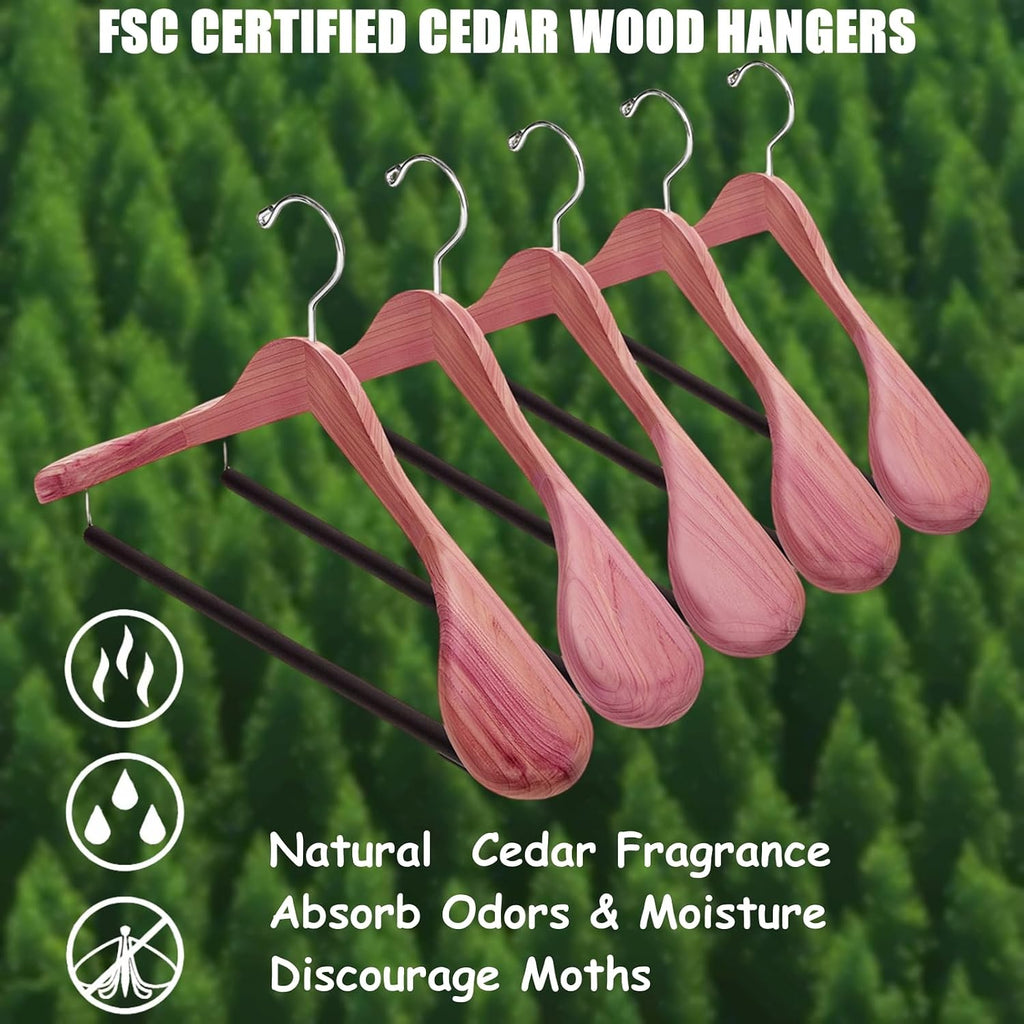 Amber Home 5 Pack Cedar Wood Suit Coat Hangers with Extra Wide Shoulder