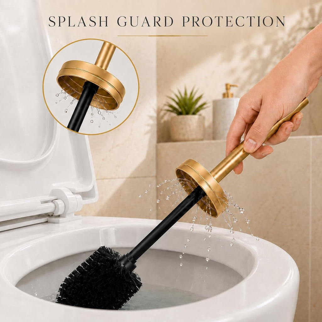 Chrome Toilet Brush and Holder Set，Extra Long Handled Toilet Bowl Brush and Holder，Stainless Steel Heavy Duty Toilet Brush for Bathroom,Deep Cleaning Modern Toilet Cleaner Slip Base (Gold)