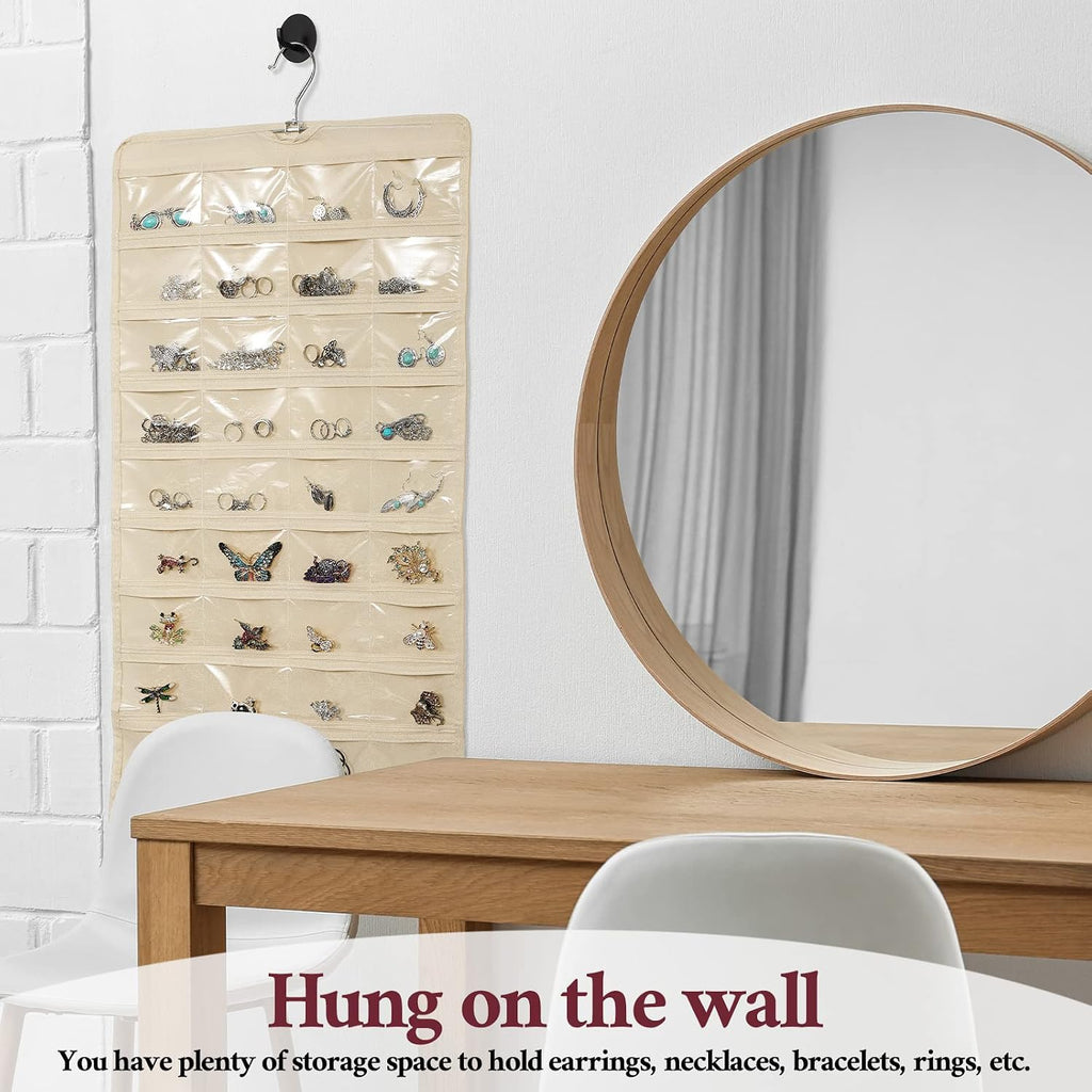 Kenning 4 Pcs Hanging Jewelry Organizer with 80 Pockets Earring Storage Organizer Dual Sided Earring Holder Necklace Hanger Closet for Bracelet, Necklace, Ring, Knitting Tool, Accessories, Beige